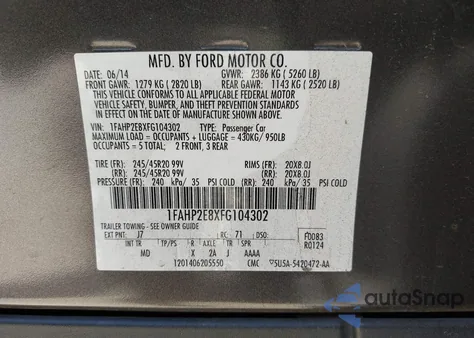 2015 Ford Taurus Sel from USA, damaged, VIN 1FAHP2E8XFG104302